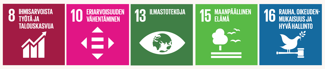 YK:n tavoitetta:  ihmisarvoista ty&ouml;t&auml; ja talouskasvua (tavoite 8) eriarvoisuuden v&auml;hent&auml;minen (tavoite 10) ilmastotekoja (tavoite 13) maanp&auml;&auml;llinen el&auml;m&auml; (tavoite 15) rauha, oikeudenmukaisuus ja hyv&auml; hallinto (tavoite 16).